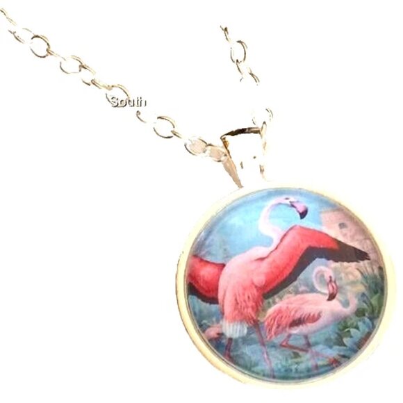 Pink Flamingo Necklace Silver Plated 24" Chain Glass Dome Pendant Tropical - Picture 1 of 9